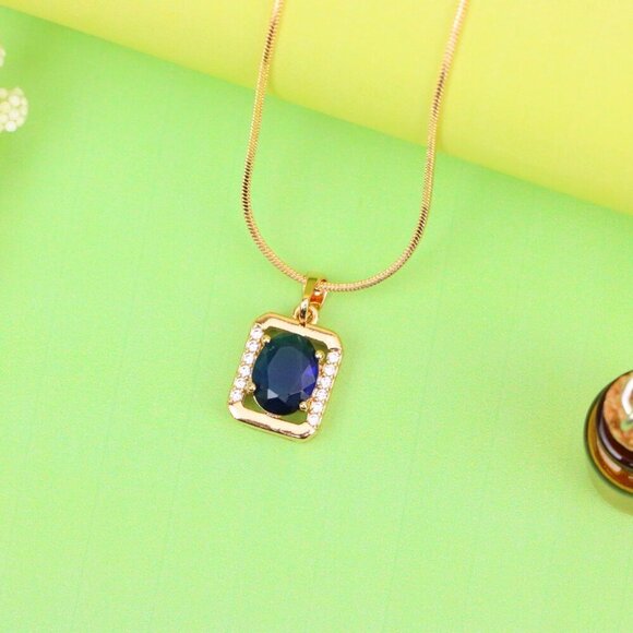 "Rose Gold Rectangle Pendant with Blue Stone and Crystal Accents, XPPT1276 - Picture 4 of 13